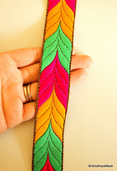 Jacquard Weave Trimming, Yellow, Green And Fuchsia Pink Thread Embroidered Lace Trim
